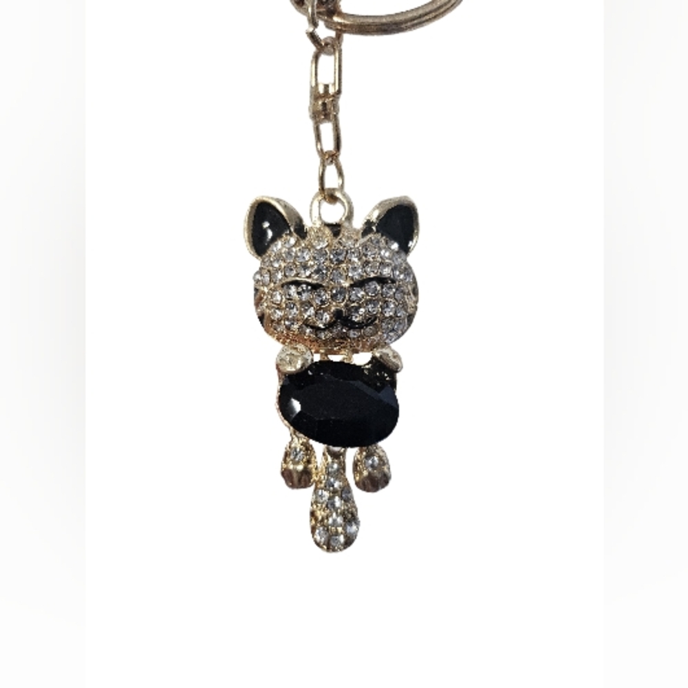 Crystal Cat Keychain, Gold-Tone Metal with Rhinestones, Black Enamel Accent
